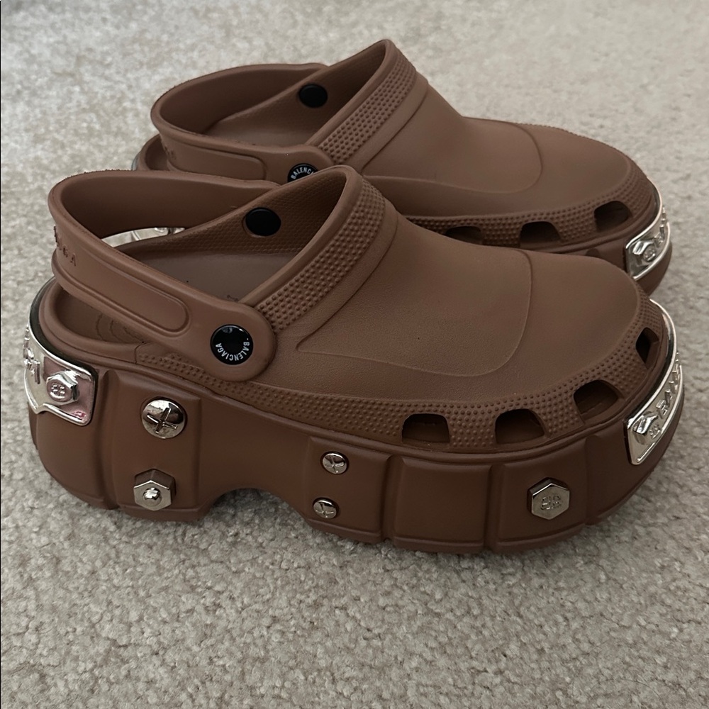 Brown Platform Clogs with Silver Accents - Picture 3 of 5